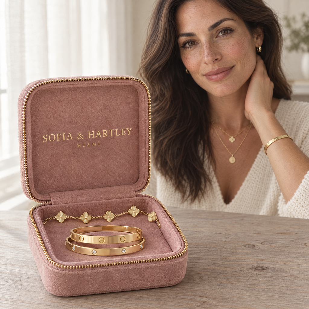 Sofia & Hartley jewelry case with gold clover bracelet and gold bangles