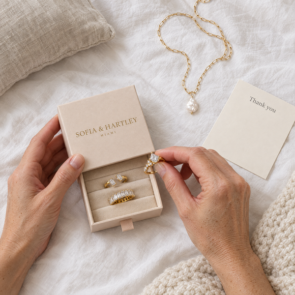 Sofia & Hartley gift box with gold rings and a pearl pendant necklace